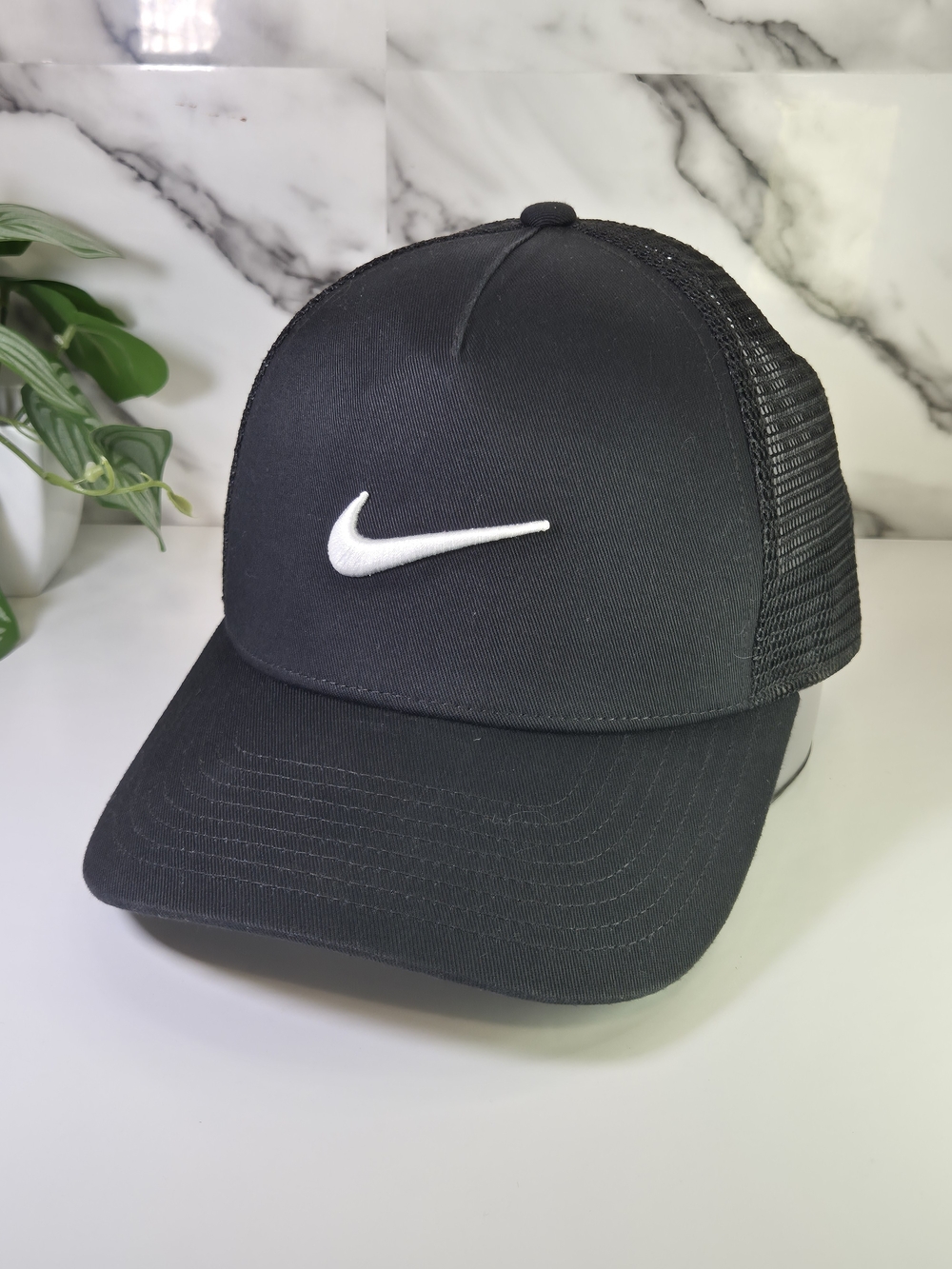 Nike Black Trucker Cap with White Swoosh. Adjustable